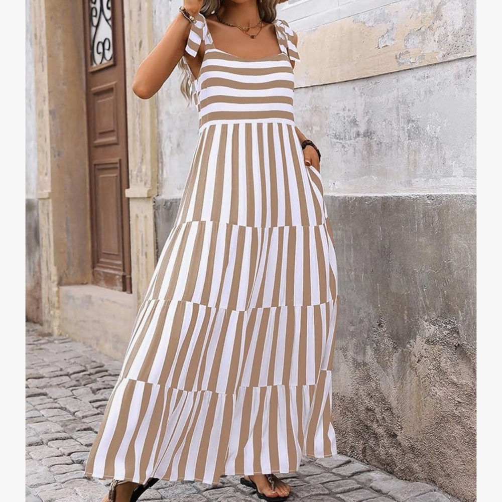 Striped Khaki and White Maxi Dress